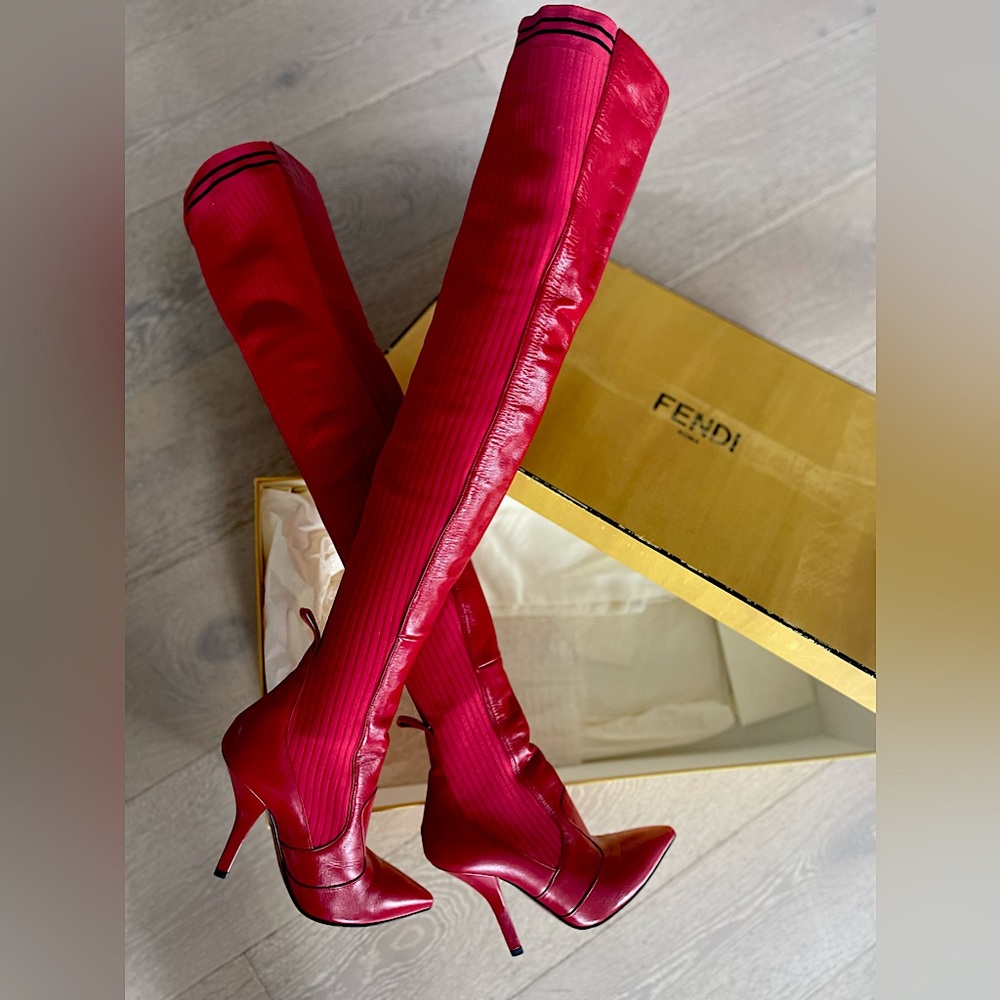 Fendi Red Over The Knee Sock Boot pristine condition + original box and dusters